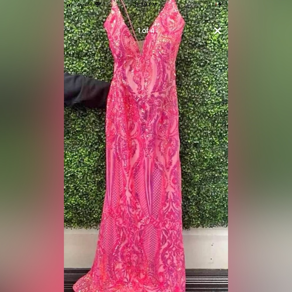 Tease Prom Flamingo Pink Hot Neon Patterned Sequin Prom Formal Dress Size 14